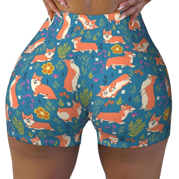 Sigee Corgi with Flowers Print Women's High Waist Workout Shorts - Squat Proof, Tummy Control, Yoga and Gym Activewear-Small