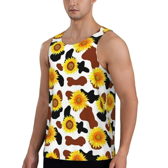 Sigee Cow Print Sunflower for Men's Workout Tank Top, Athletic Gym Sleeveless Shirt - Quick Dry, Lightweight, Breathable X-Large