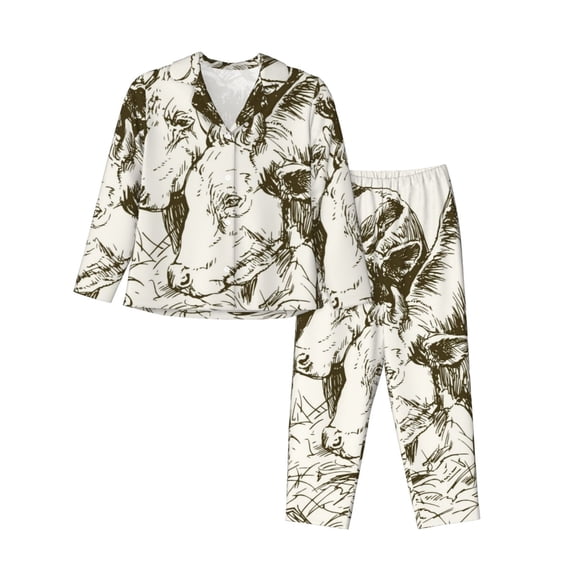 Sigee Cows Grazing On Meadow 1 for Women’s Pajama Sets Long-Sleeved Pjs Sets for Women 2 piece Sleepwear-Large