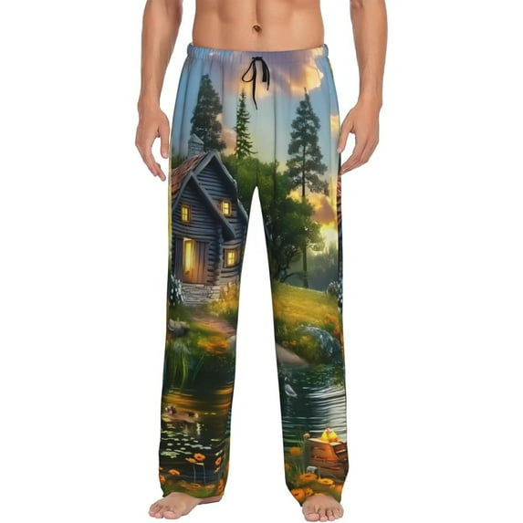 Sigee Cozy Cottage Lakeside Sunset print Men's Pajama Pants Lounge Sleep Bottoms with Elastic Waistband and Pockets-X-Large