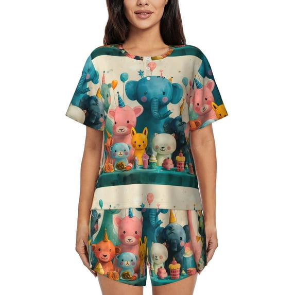 Sigee Cute Animal Party for Sleepwear Casual Pjs with Pockets Women's Pajamas Sets Shorts 2 Piece Short Sleeve Lounge Sets-XX-Large