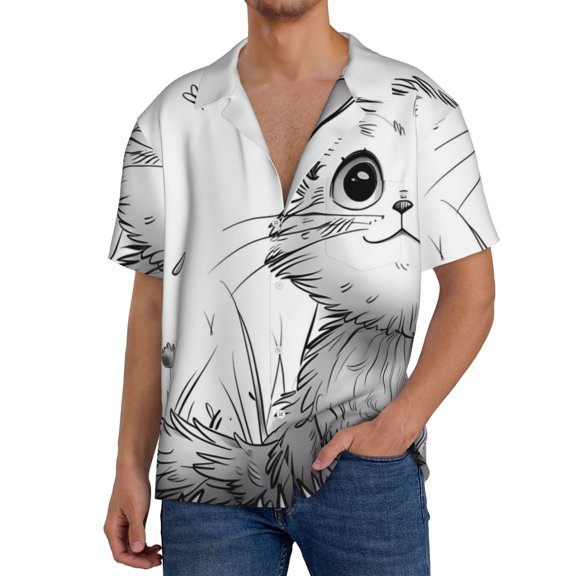 Sigee Cute Cat Meadow Sketch for Men's Casual Short Sleeve Button Down Shirts Men's Shirts Summer-3X-Large