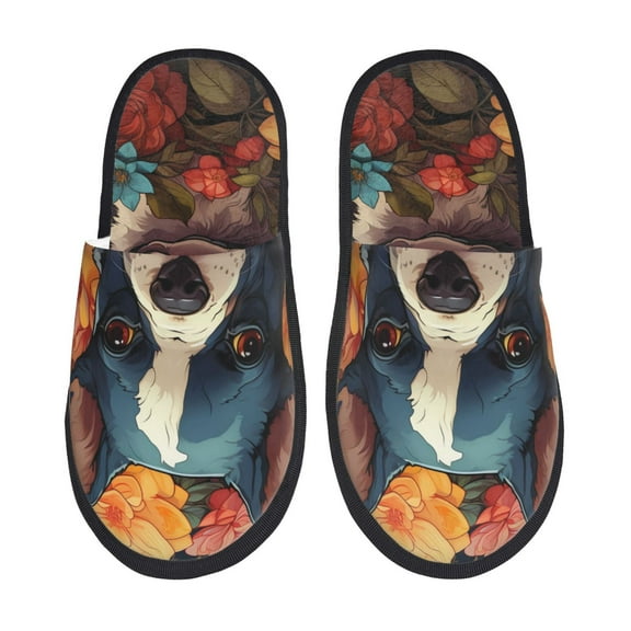 Sigee Cute Colorful Flower French Bulldog for Cozy Furry Slippers Super Soft Indoor and Outdoor Use, Non-Slip Sole Slip On House Slippers-Medium