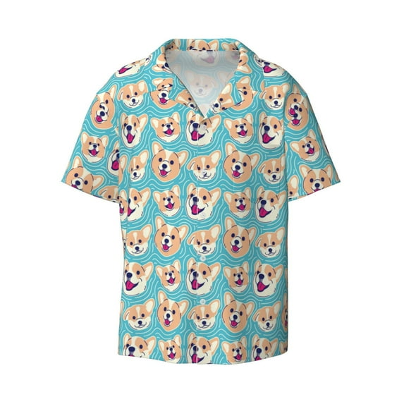 Sigee Cute Corgi Head Print Men's Shirts Casual Button Down Short Sleeve Summer Beach Shirt Hawaiian Vacation Shirts Tee Shirt-3X-Large
