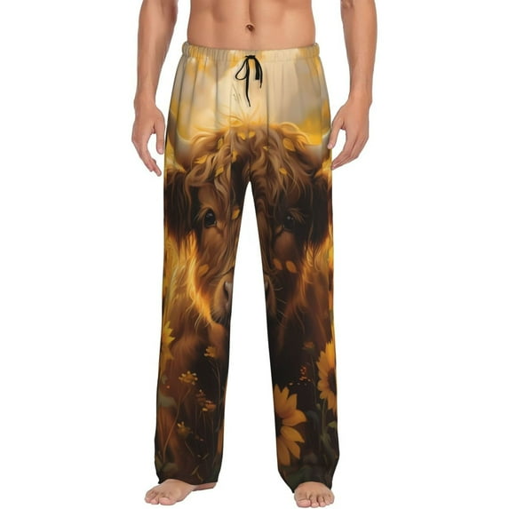 Sigee Cute Cow Sunflower Field print Men's Pajama Pants Lounge Sleep Bottoms with Elastic Waistband and Pockets-Small