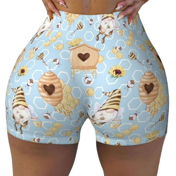 Sigee Cute Gnome Bee Collects Honey Print Women's High Waist Workout Shorts - Squat Proof, Tummy Control, Yoga and Gym Activewear-Small