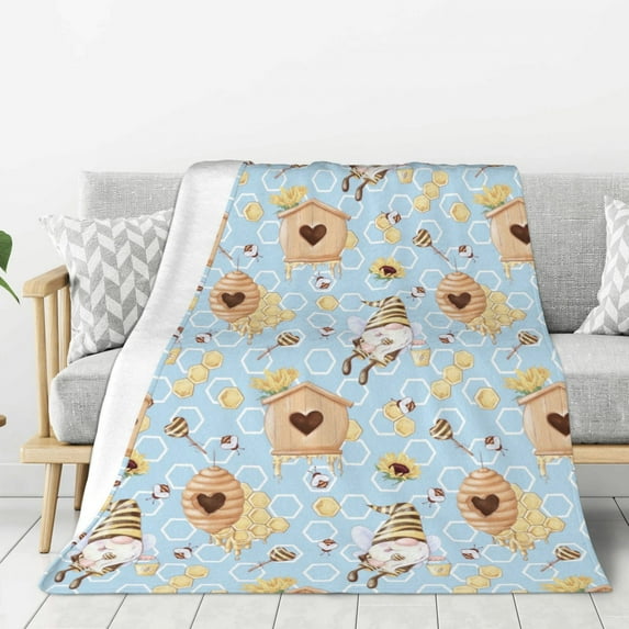 Sigee Cute Gnome Bee Collects Honey for Flannel Blanket - Ultra-Soft, Warm and Cozy, Perfect for Couch, Bed, or Travel-60"x50"