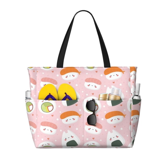 Sigee Cute Sushi Print Extra Large Waterproof Beach Travel Bag with Zipper - Durable and Versatile for Vacation, Gym, and Daily Use