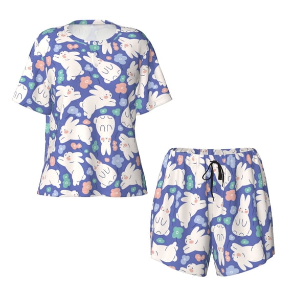 Sigee Cute White Rabbit for Sleepwear Casual Pjs with Pockets Women's Pajamas Sets Shorts 2 Piece Short Sleeve Lounge Sets XX-Large
