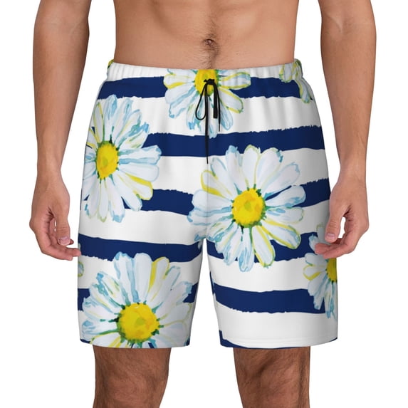 Sigee Daisy Striped Nautical Print Mens Swim Trunks with Compression Liner Quick Dry Swim Stretch Beach Shorts with Pockets,S-3XL