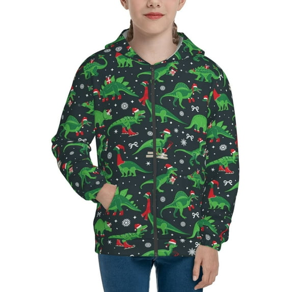 Sigee Dino Christmas Party for Teenage Zip Up Hoodies Long Sleeve Sweatshirts-Small