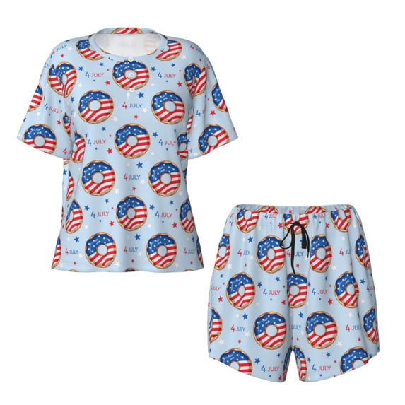 Sigee Donut with the USA Fag for Sleepwear Casual Pjs with Pockets Women's Pajamas Sets Shorts 2 Piece Short Sleeve Lounge Sets XX-Large