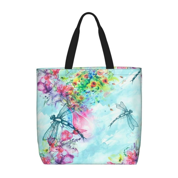 Sigee Dragonfly Floral Print Large Capacity Zippered Tote Bag - Durable, Stylish and Versatile for Everyday Use