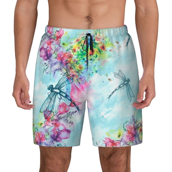 Sigee Dragonfly Floral Print Mens Swim Trunks with Compression Liner Quick Dry Swim Stretch Beach Shorts with Pockets,S-3XL