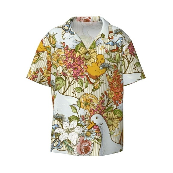 Sigee Ducks and Flowers Print Men's Shirts Casual Button Down Short Sleeve Summer Beach Shirt Hawaiian Vacation Shirts Tee Shirt-Small
