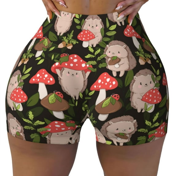 Sigee Edgehog and Mushrooms Print Women's High Waist Workout Shorts - Squat Proof, Tummy Control, Yoga and Gym Activewear-Large