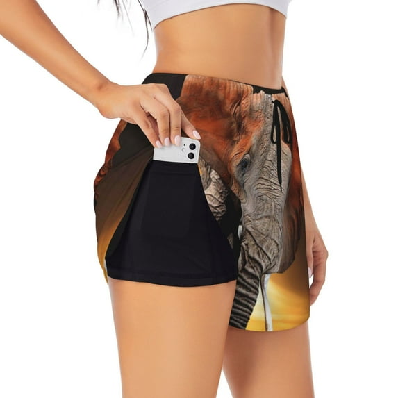 Sigee Elephant Sunset in Kenya for Women's Athletic Shorts High Waisted Running Shorts Pocket Sporty Short Gym Elastic Workout ShortsX-Large