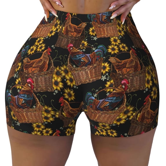 Sigee Embroidery Chicken Rooster And Sunflowers Print Women's High Waist Workout Shorts - Squat Proof, Tummy Control, Yoga and Gym Activewear-