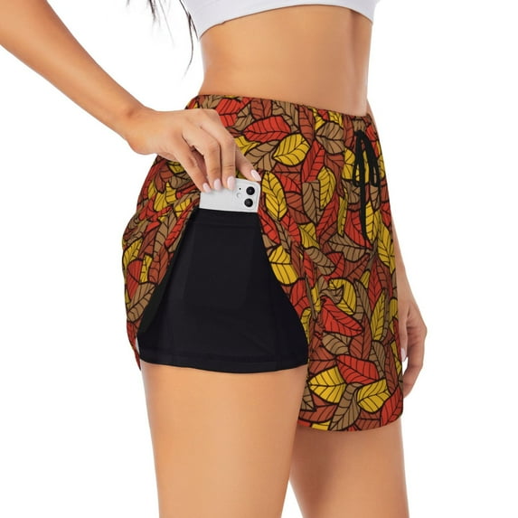 Sigee Fall Leaves for Women's Athletic Shorts High Waisted Running Shorts Pocket Sporty Short Gym Elastic Workout ShortsX-Large
