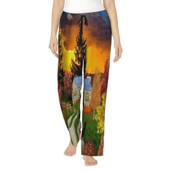 Sigee Fall Village Scenery Print Women's Soft Pajama Pants - Breathable and Comfortable Lounge Sleep Bottoms with Elastic Waistband and Pockets-Medium