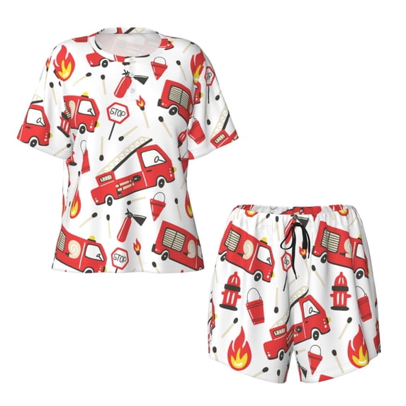 Sigee Fire Truck for Sleepwear Casual Pjs with Pockets Women's Pajamas Sets Shorts 2 Piece Short Sleeve Lounge Sets