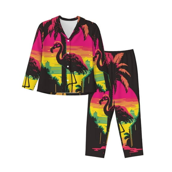 Sigee Flamingo And Palm Trees At Sunset for Women’s Pajama Sets Long-Sleeved Pjs Sets for Women 2 piece Sleepwear-XX-Large