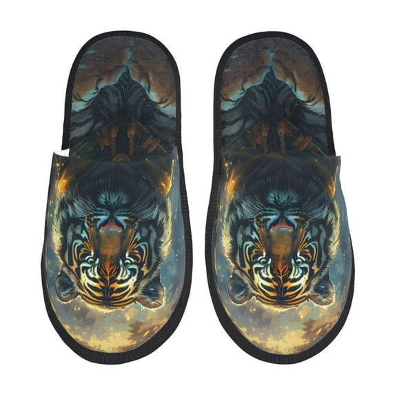 Sigee Forest Meditating Tiger for Cozy Furry Slippers Super Soft Indoor and Outdoor Use, Non-Slip Sole Slip On House Slippers-Large