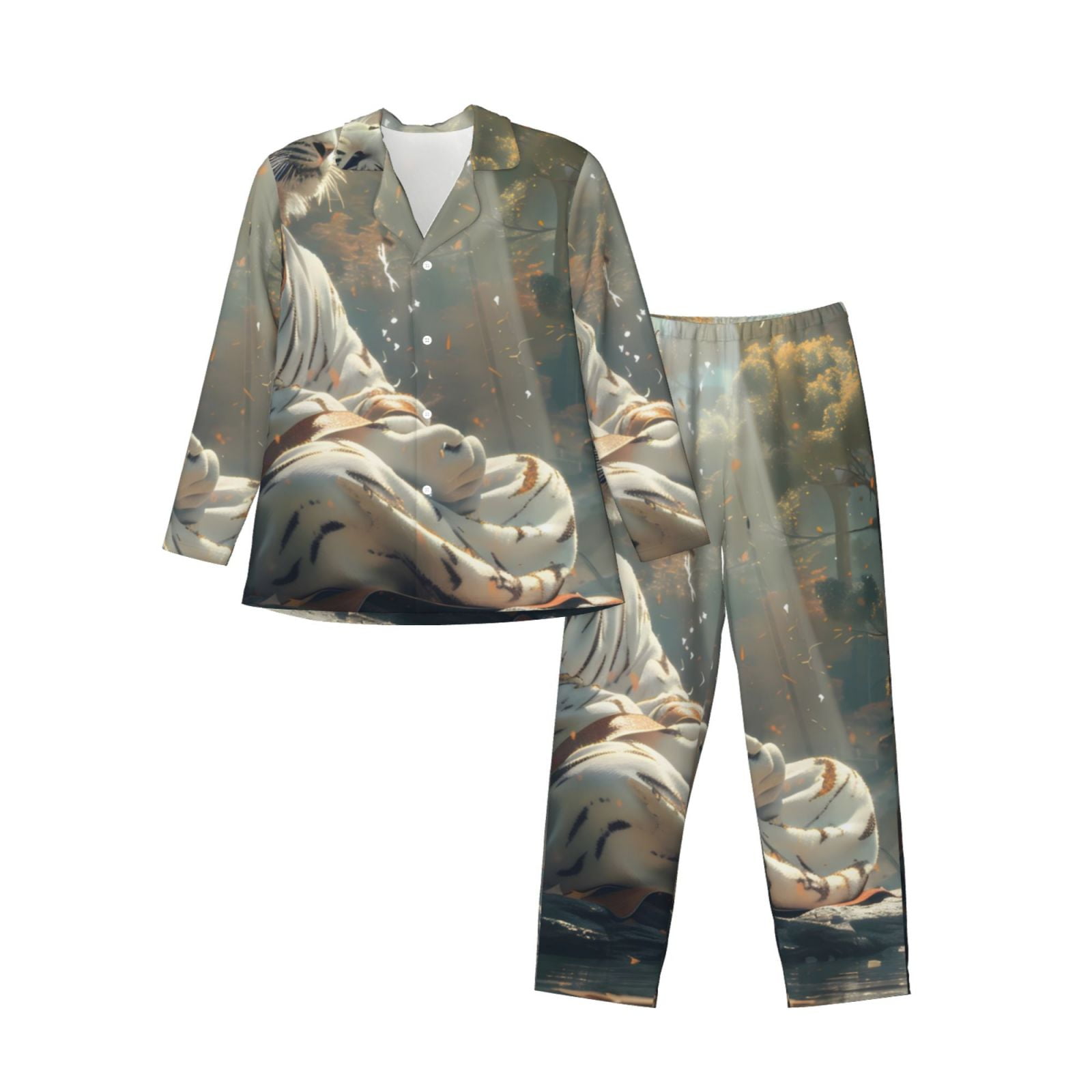 Sigee Forest Meditating White Tiger for Pajamas for Men Twopiece Men's