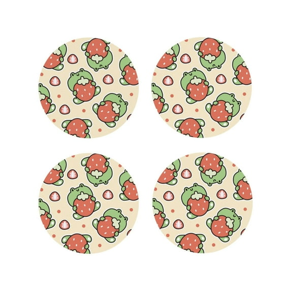 Sigee Frog Hold Strawberry for Water-Resistant, Heat-Resistant, Non-Slip Leather Coasters Set, Ideal for Coffee Table, Office, Bar, Home Decor-Round Shape