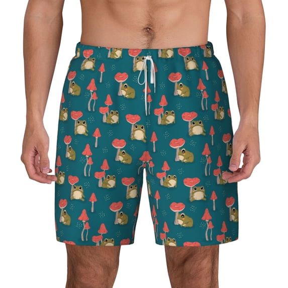 Sigee Frog and Mushrooms Print Mens Swim Trunks with Compression Liner Quick Dry Swim Stretch Beach Shorts with Pockets,S-3XL
