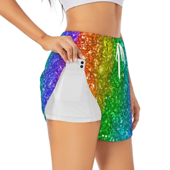 Sigee Glitter Rainbow for Women's Athletic Shorts High Waisted Running Shorts Pocket Sporty Short Gym Elastic Workout ShortsSmall