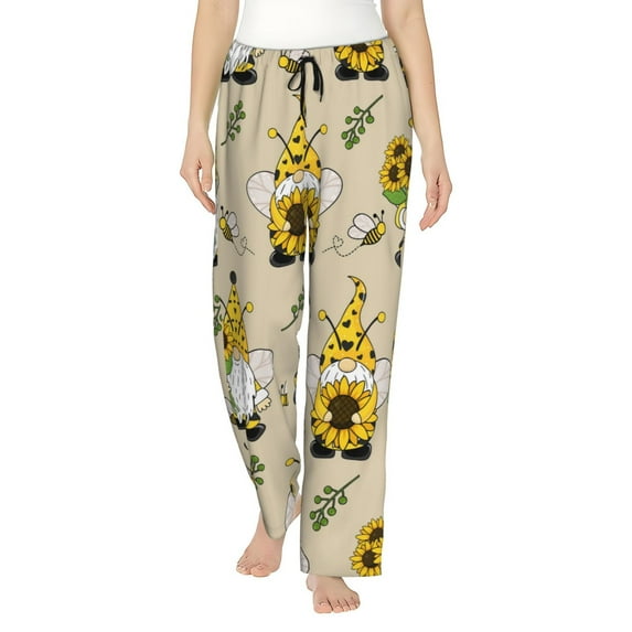 Sigee Gnomes Bees And Sunflowers Print Women's Soft Pajama Pants - Breathable and Comfortable Lounge Sleep Bottoms with Elastic Waistband and Pockets-X-Large
