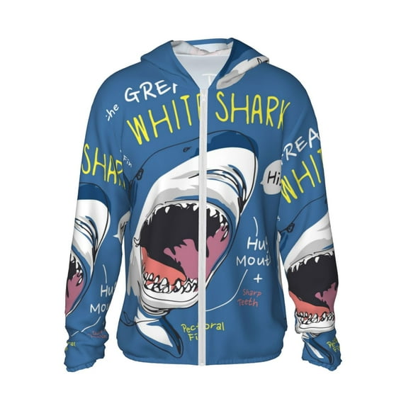 Sigee Great White Shark Print UPF50+ Men's Sun Protection Hoodie Shirt SPF UV Shirt Long Sleeve Fishing Outdoor Lightweight, S-3XL