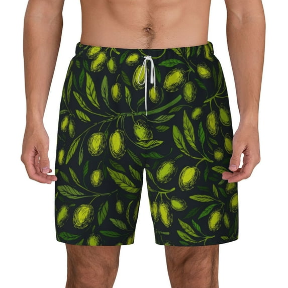 Sigee Green Branch Olive Print Mens Swim Trunks with Compression Liner Quick Dry Swim Stretch Beach Shorts with Pockets,S-3XL