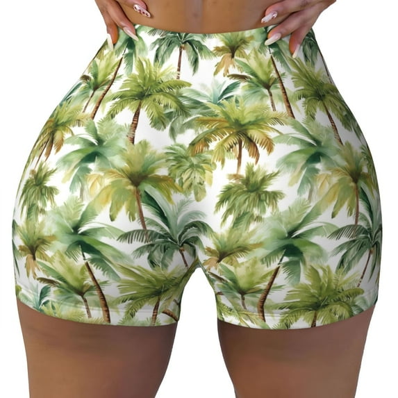 Sigee Green Hawaii Palms Print Women's High Waist Workout Shorts - Squat Proof, Tummy Control, Yoga and Gym Activewear-Small