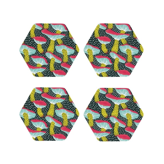 Sigee Green Mushroom for Water-Resistant, Heat-Resistant, Non-Slip Leather Coasters Set, Ideal for Coffee Table, Office, Bar, Home Decor-Hexagon