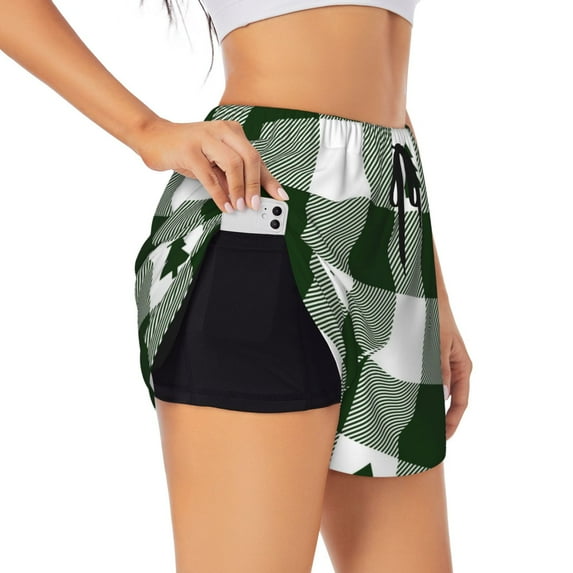 Sigee Green White Lumberjack Plaid for Women's Athletic Shorts High Waisted Running Shorts Pocket Sporty Short Gym Elastic Workout ShortsXX-Large