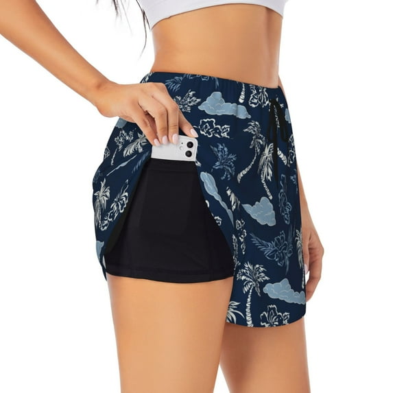 Sigee Hawaii Palms for Women's Athletic Shorts High Waisted Running Shorts Pocket Sporty Short Gym Elastic Workout ShortsLarge