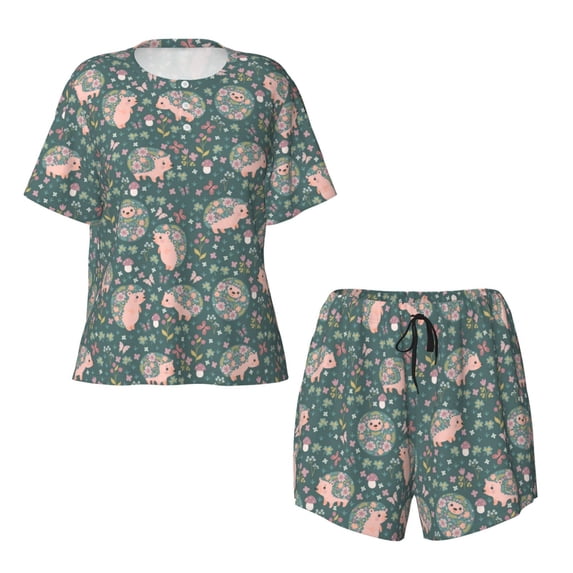 Sigee Hedgehogs and Flowers for Sleepwear Casual Pjs with Pockets Women's Pajamas Sets Shorts 2 Piece Short Sleeve Lounge Sets 4X-Large