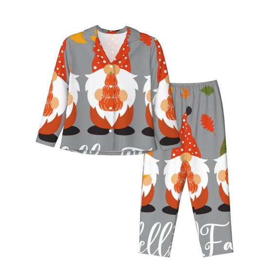 Sigee Hello Fall Gnomes for Women’s Pajama Sets Long-Sleeved Pjs Sets for Women 2 piece Sleepwear-Small