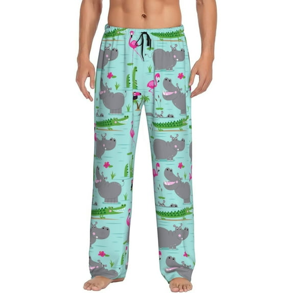 Sigee Hippo With Flamingos And Crocodiles print Men's Pajama Pants Lounge Sleep Bottoms with Elastic Waistband and Pockets-XX-Large
