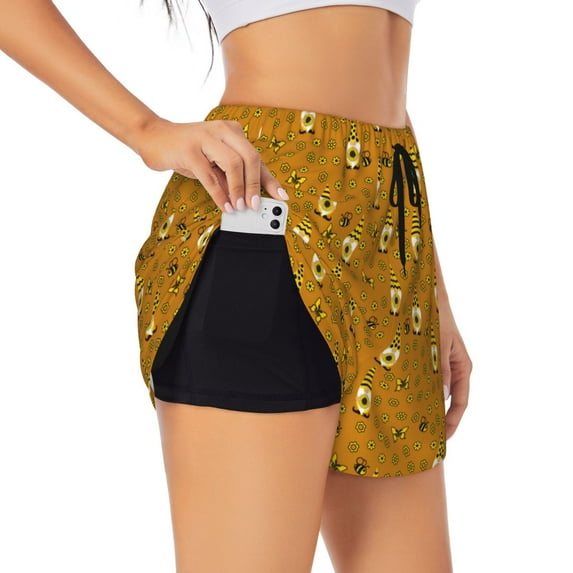 Sigee Honey Bee Gnomes for Women's Athletic Shorts High Waisted Running Shorts Pocket Sporty Short Gym Elastic Workout ShortsX-Large