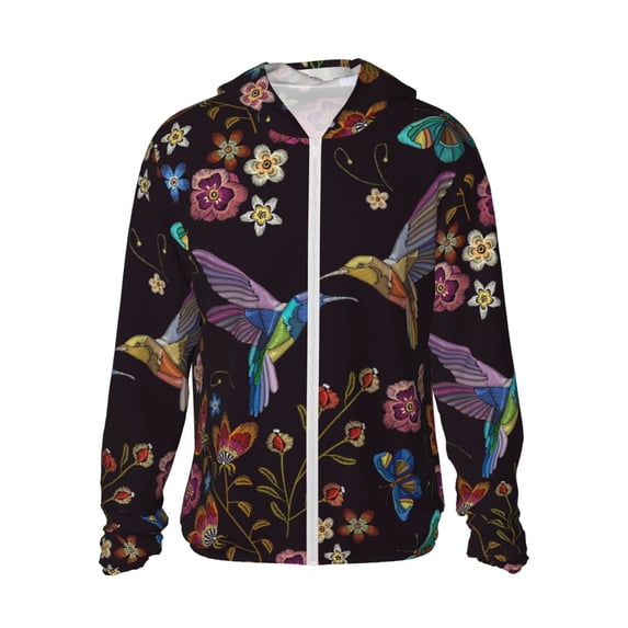 Sigee Humming Bird Print UPF50+ Men's Sun Protection Hoodie Shirt SPF UV Shirt Long Sleeve Fishing Outdoor Lightweight, S-3XL