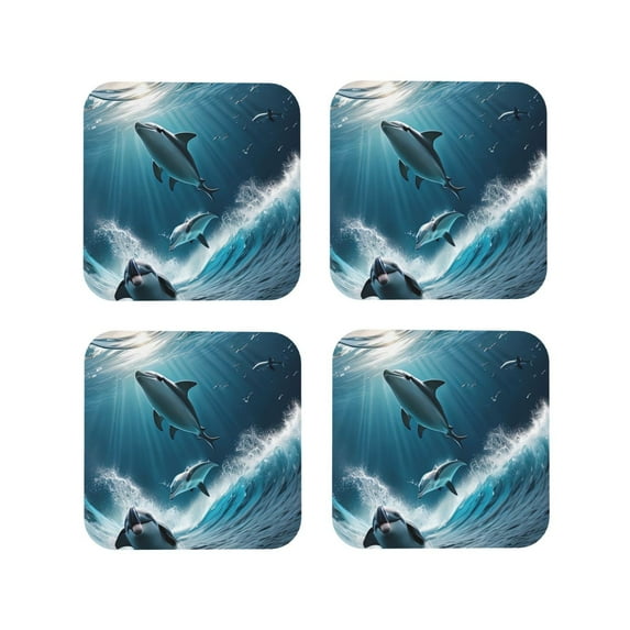 Sigee Ice Blue Ocean Cute Dolphin A for Water-Resistant, Heat-Resistant, Non-Slip Leather Coasters Set, Ideal for Coffee Table, Office, Bar, Home Decor-Square