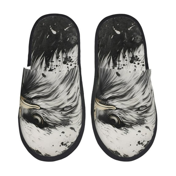 Sigee Ink Style Bald Eagle for Cozy Furry Slippers Super Soft Indoor and Outdoor Use, Non-Slip Sole Slip On House Slippers-Large