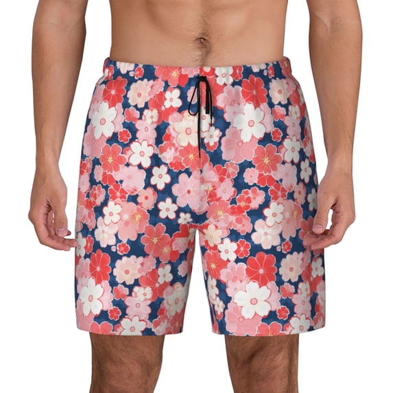 Sigee Japanese Cherry Blossoms Print Mens Swim Trunks with Compression Liner Quick Dry Swim Stretch Beach Shorts with Pockets,S-3XL