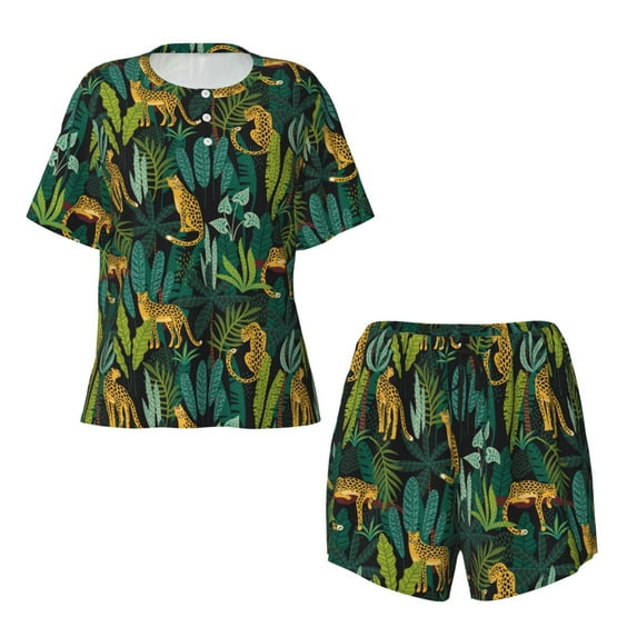 Sigee Jungle Leopard Yellow for Sleepwear Casual Pjs with Pockets Women's Pajamas Sets Shorts 2 Piece Short Sleeve Lounge Sets Large