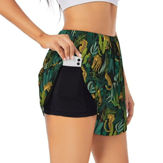 Sigee Jungle Leopard Yellow for Women's Athletic Shorts High Waisted Running Shorts Pocket Sporty Short Gym Elastic Workout Shorts