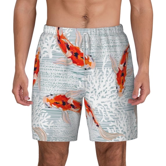 Sigee Koi Fish Corals,Spring Summer Print Mens Swim Trunks with Compression Liner Quick Dry Swim Stretch Beach Shorts with Pockets,S-3XL
