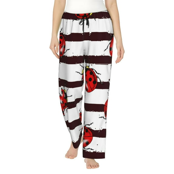 Sigee Ladybugs on Black and White Striped1 Print Women's Soft Pajama Pants - Breathable and Comfortable Lounge Sleep Bottoms with Elastic Waistband and Pockets-X-Large